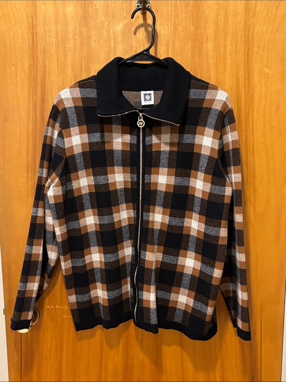Anne Klein Black, Brown & Gray Plaid Zip Cardigan